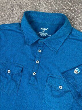 Kuhl Polo Shirt Men's Medium Teal Blue Striped Razr 2 Chest Pockets Stretch